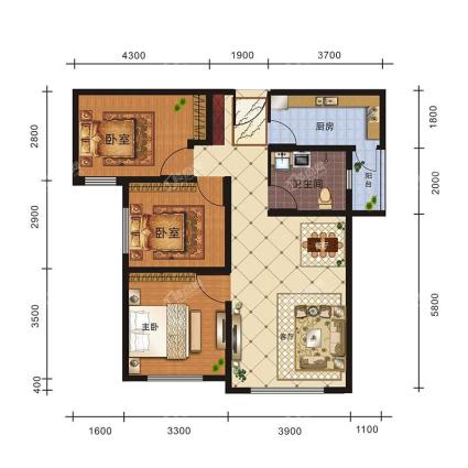 紫煜臻城-臻园B2户型-99.14、99.88㎡-三室两厅一卫