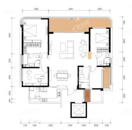 E1套内158户型， 4室2厅2卫1厨， 建筑面积约203.00平米