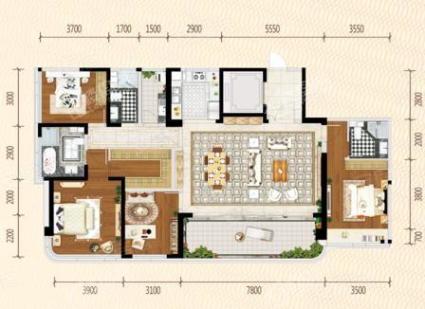 A2户型， 4室2厅3卫1厨， 建筑面积约186.00平米