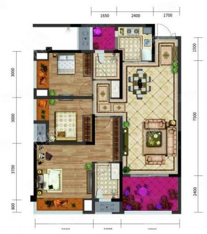 六期高层E-1户型， 3室2厅2卫1厨， 建筑面积约114.00平米