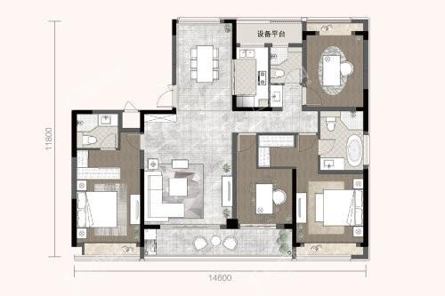 D4户型， 4室2厅3卫1厨， 建筑面积约174.00平米