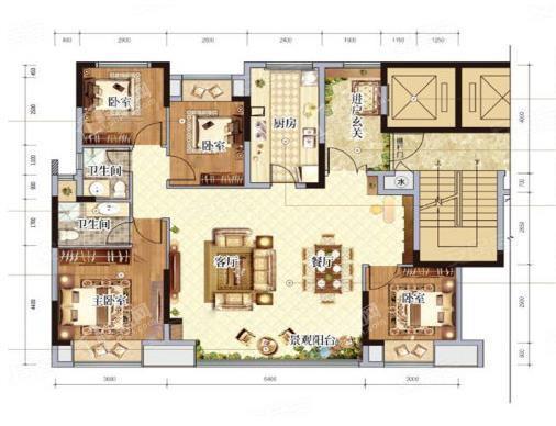 洋房E-2户型， 4室2厅2卫1厨， 建筑面积约127.72平米