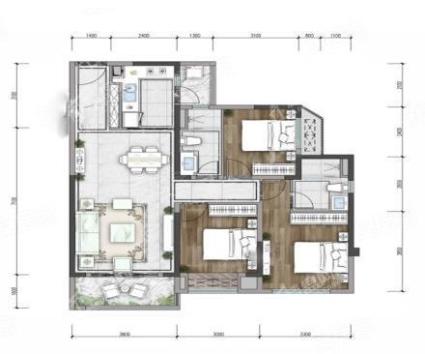 澜庭C3户型， 3室2厅2卫1厨， 建筑面积约113.00平米