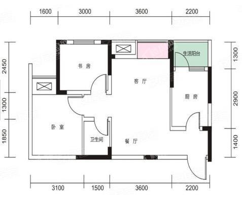 套内50.38㎡F户型， 2室2厅1卫1厨， 建筑面积约65.30平米