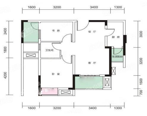 套内54.37㎡C户型， 2室2厅1卫1厨， 建筑面积约70.47平米