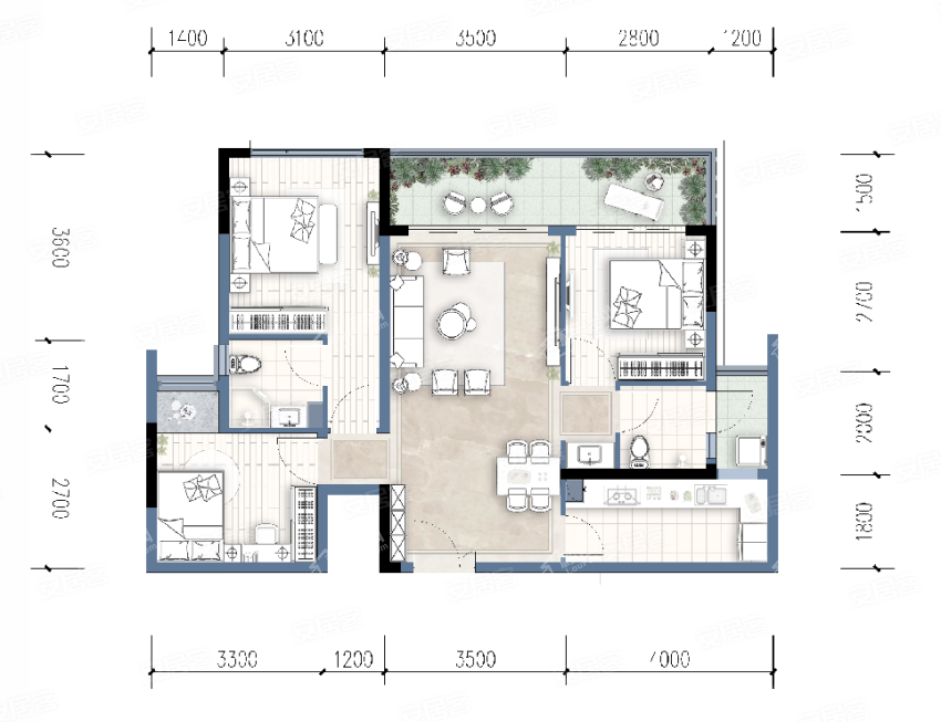 D2户型， 3室2厅2卫1厨， 建筑面积约93.00平米
