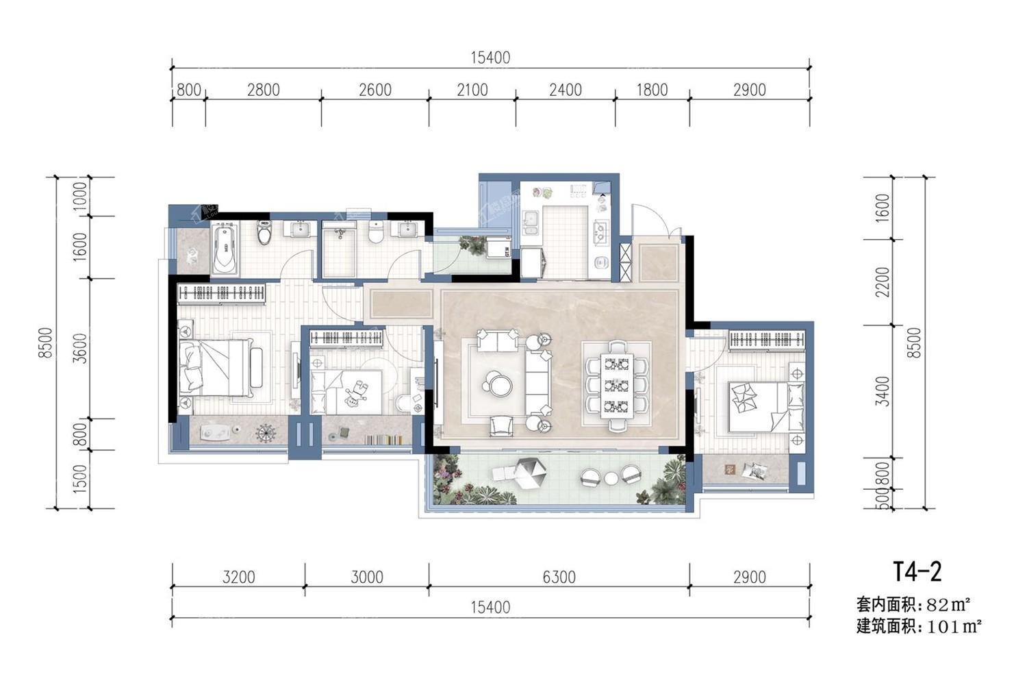 T4-2户型， 3室2厅2卫1厨， 建筑面积约101.00平米