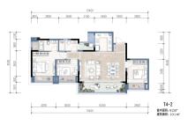 T4-2户型， 3室2厅2卫1厨， 建筑面积约101.00平米