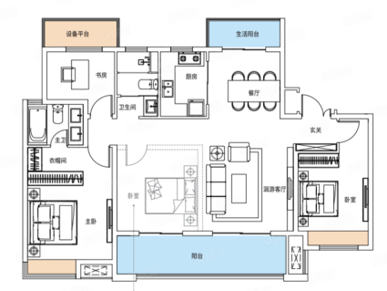 G5户型， 4室2厅2卫1厨， 建筑面积约138.00平米