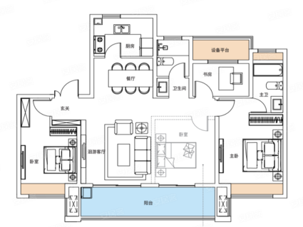 G6户型， 4室2厅2卫1厨， 建筑面积约125.00平米