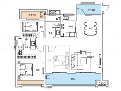 G1户型， 3室2厅2卫1厨， 建筑面积约116.00平米