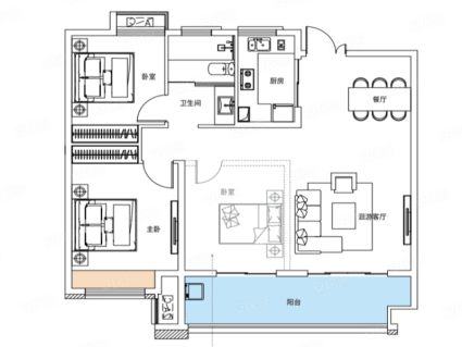 G4户型， 3室2厅1卫1厨， 建筑面积约108.00平米