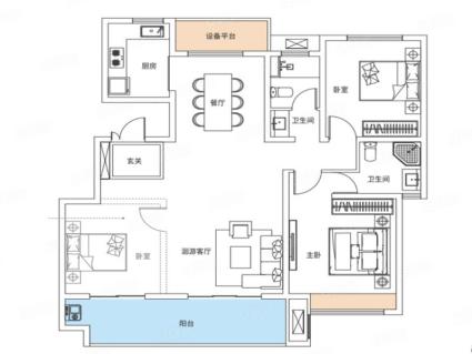 Y1户型， 3室2厅2卫1厨， 建筑面积约122.00平米