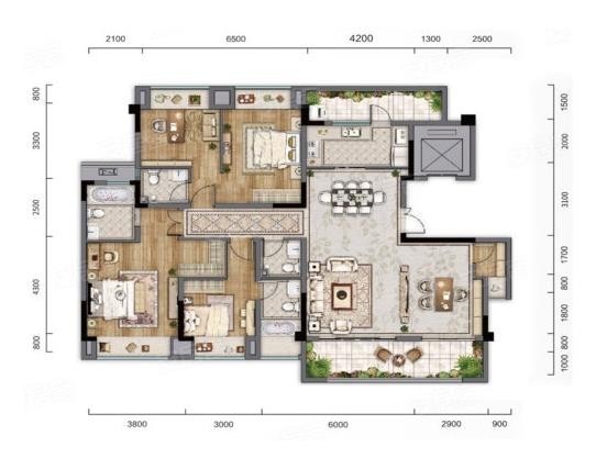 洋房G2户型， 4室2厅4卫1厨， 建筑面积约173.00平米
