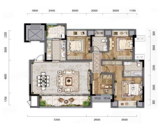 洋房F2户型， 4室2厅2卫1厨， 建筑面积约142.00平米