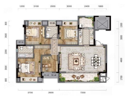 洋房F1户型， 4室2厅2卫1厨， 建筑面积约144.00平米