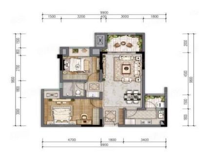 平层E2户型， 2室2厅1卫1厨， 建筑面积约78.00平米