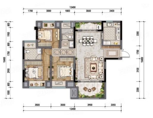 平层C1户型， 3室2厅2卫1厨， 建筑面积约110.00平米