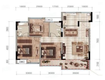 洋房A套内户88㎡户型， 3室2厅2卫1厨， 建筑面积约104.00平米