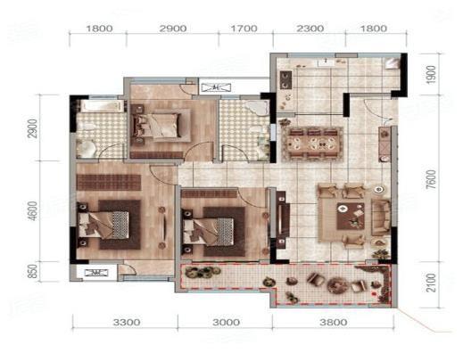 洋房A套内户88㎡户型， 3室2厅2卫1厨， 建筑面积约104.00平米