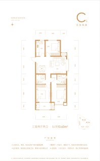 C户型三室两厅两卫113.63㎡