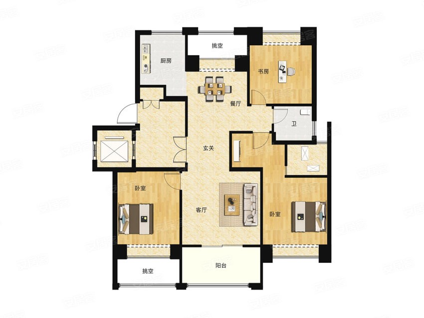 115㎡户型， 3室2厅1卫1厨， 建筑面积约115.00平米