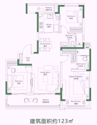 大家银城东望雅苑 望序户型： 建筑面积约123平米，三室二厅二卫
