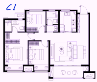 印月花园，建筑面积约108平米的C1户型，三室两厅两卫