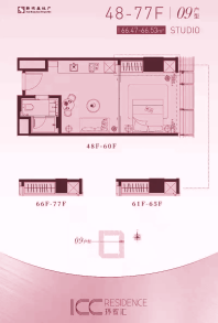 新鸿基ICC（苏州环贸广场）09户型：位于48F -77F，建筑面积约66㎡ - 68㎡