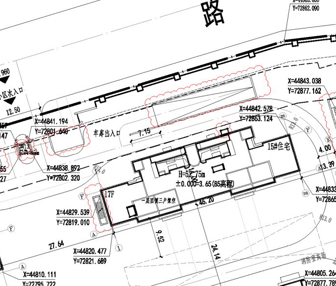 花语澜苑 总平面图细节展示，#15幢住宅楼，层17F，高52.75米（西侧三户架空）