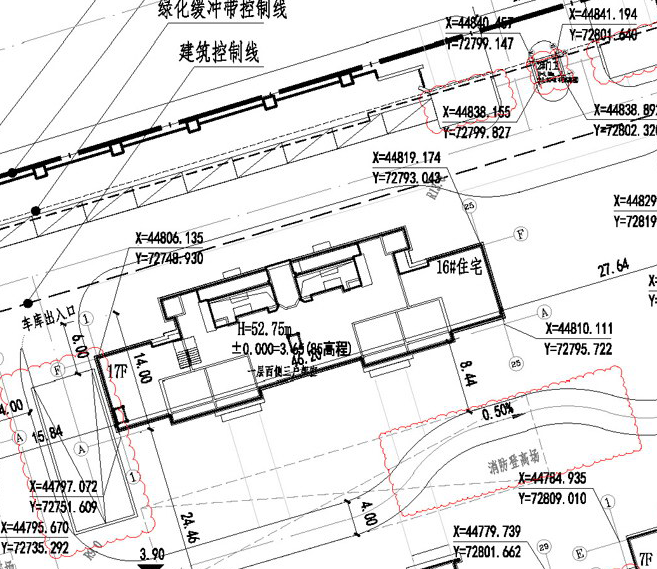 花语澜苑 总平面图细节展示，#16幢住宅楼，层17F，高52.75米（西侧三户架空）