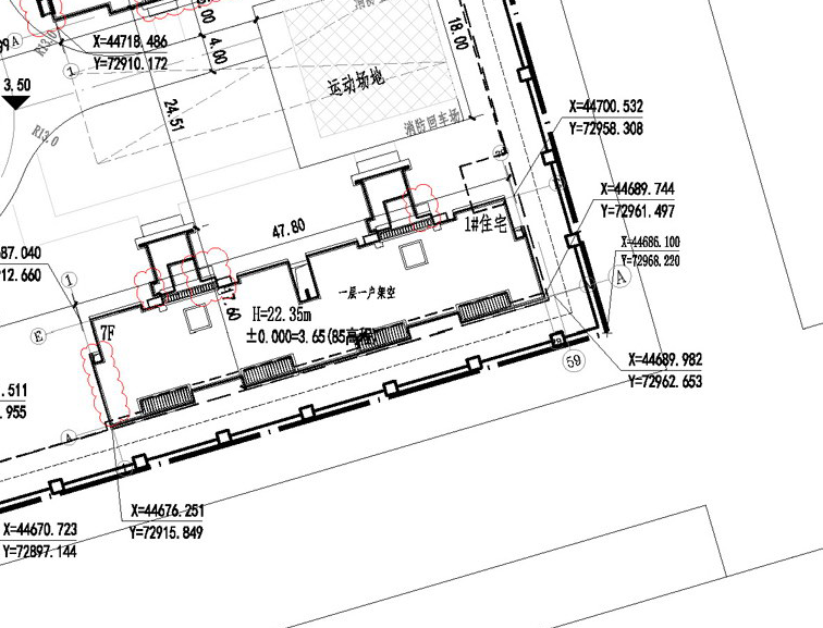 花语澜苑 总平面图细节展示，#1幢住宅楼，层7F，高22.35米（一层一户架空）