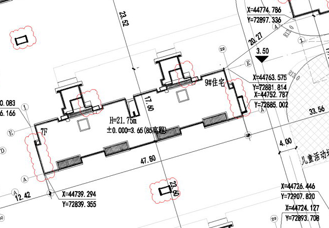 花语澜苑 总平面图细节展示，#9幢住宅楼，层7F，高21.75米