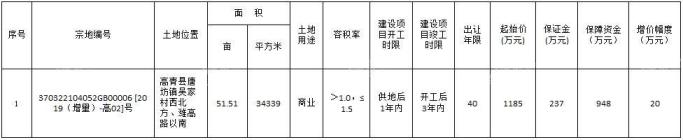 高青县国有建设用地使用权公开出让公告（高自然交告字〔2019〕5号）