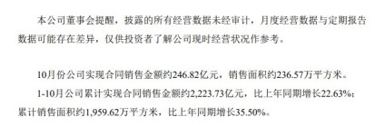 前十月新城控股累计销售2223.73亿 同比增长22.63%