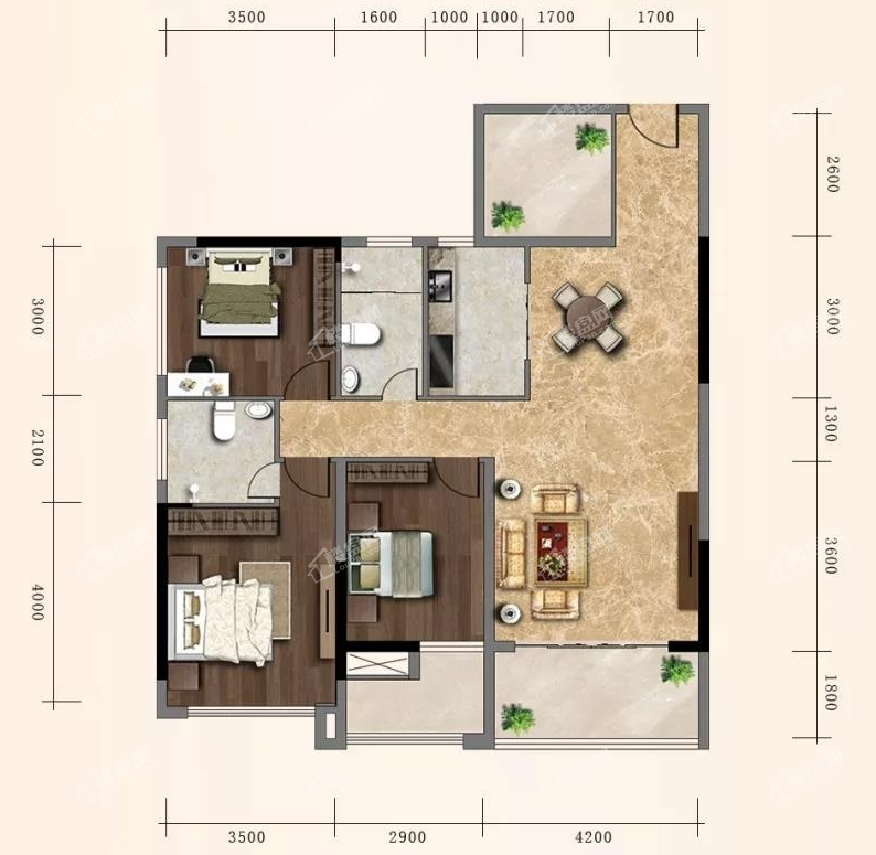 东城豪庭b户型4室2厅2卫  建筑面积:126