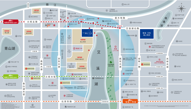 体等周边景观:艾溪湖湿地公园,南塘湖景观公园,鱼尾洲公园周边医院