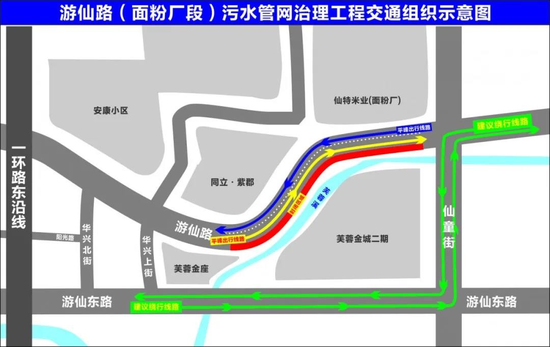 游仙路(金童街路口至芙蓉金座路段)实行半幅道路封闭施工,另半幅道路