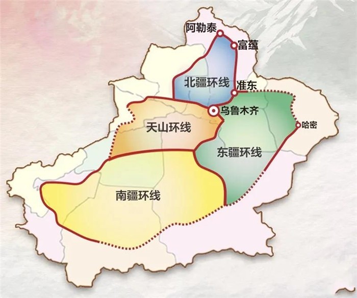 北疆铁路环线:将乌鲁木齐,石河子,奎屯,克拉玛依,福海,阿勒泰,富蕴