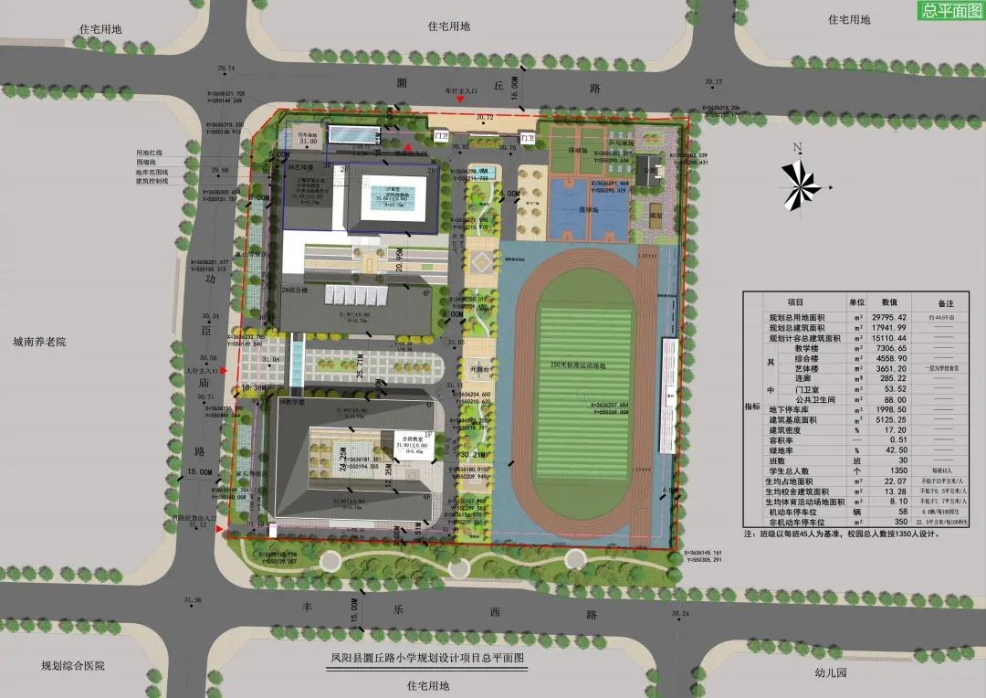 鳳陽縣圜丘路小學| 日景鳥瞰圖項目總用地面積29795.