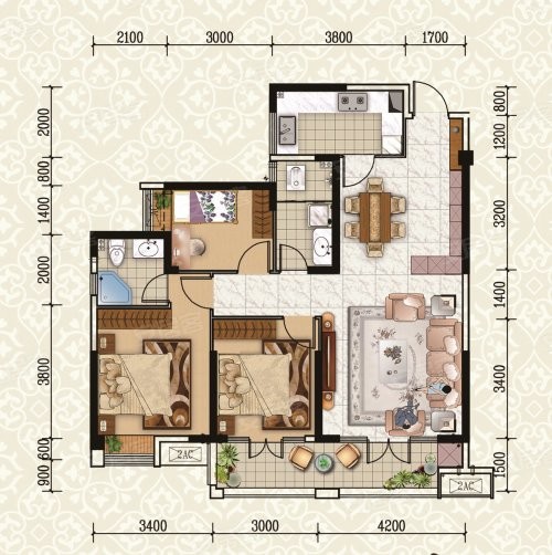 D户型， 3室2厅2卫1厨， 建筑面积约121.36平米.jpg
