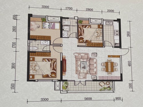 G户型， 3室2厅2卫1厨， 建筑面积约113.17平米.jpg