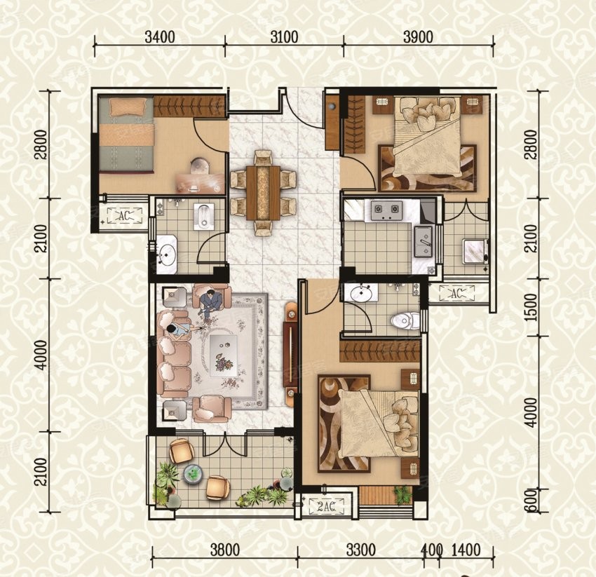 K户型， 3室2厅2卫1厨， 建筑面积约102.61平米.jpg