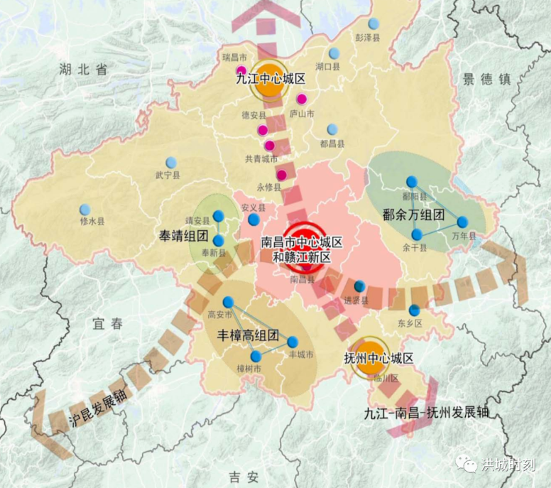 上饶市的鄱阳县,余干县,万年县,樟树市,高安市和靖安县,奉新县,抚州市