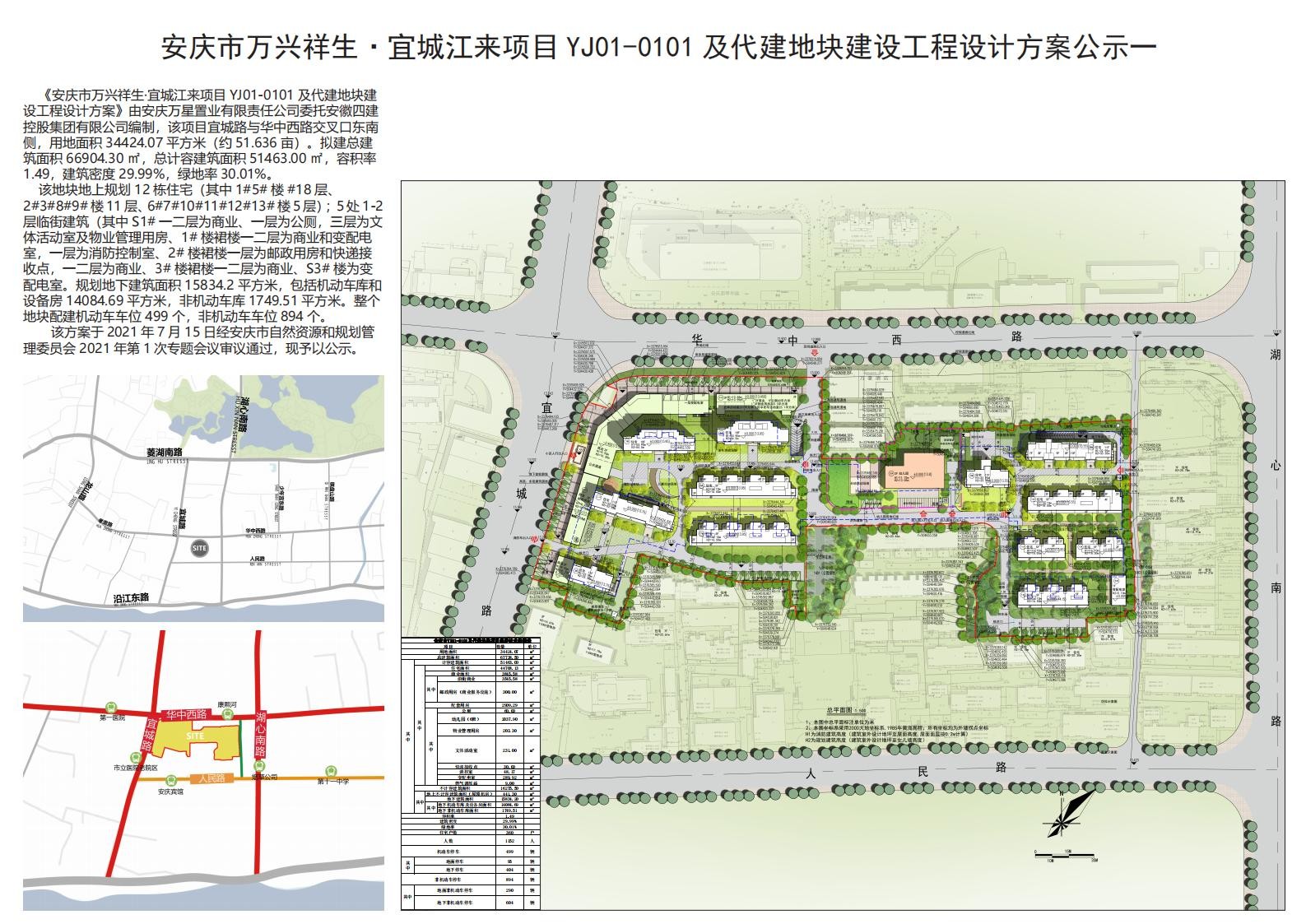 安庆市万兴祥生·宜城江来项目YJ01-0101及代建地块 建设工程设计方案公示啦！
