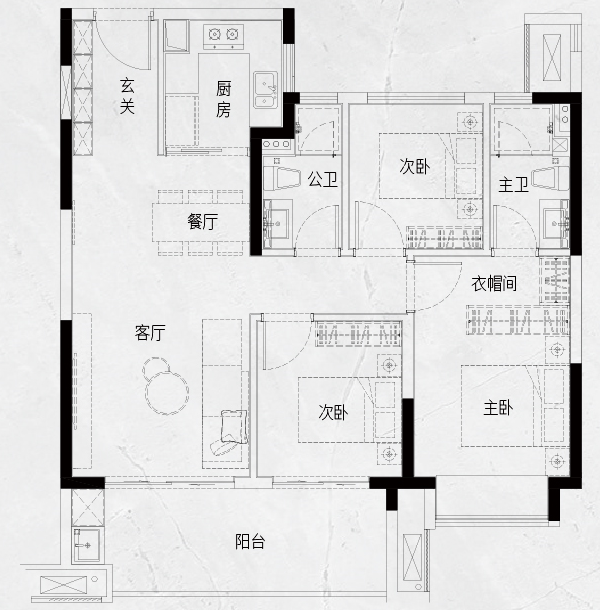 144平是改善户型,四开间朝南,全屋通透,采光奢适,惬享阳光入室的温暖