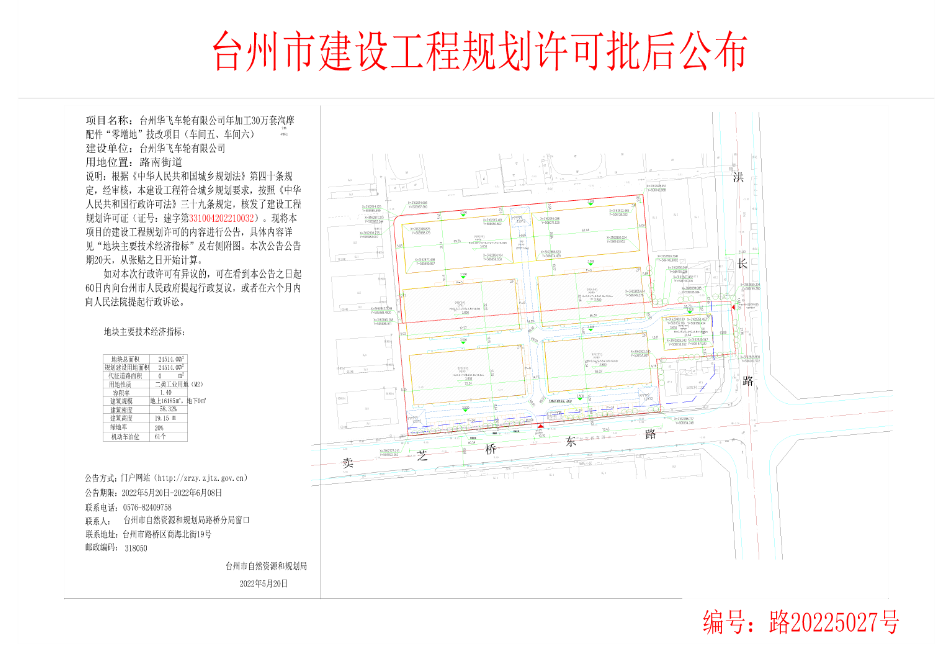 台州华飞车轮有限公司“零增地”技改项目建设工程规划许可批后公布