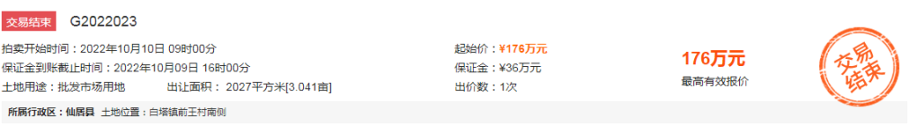 176万！仙居白塔镇前王村南侧批发市场用地成功出让