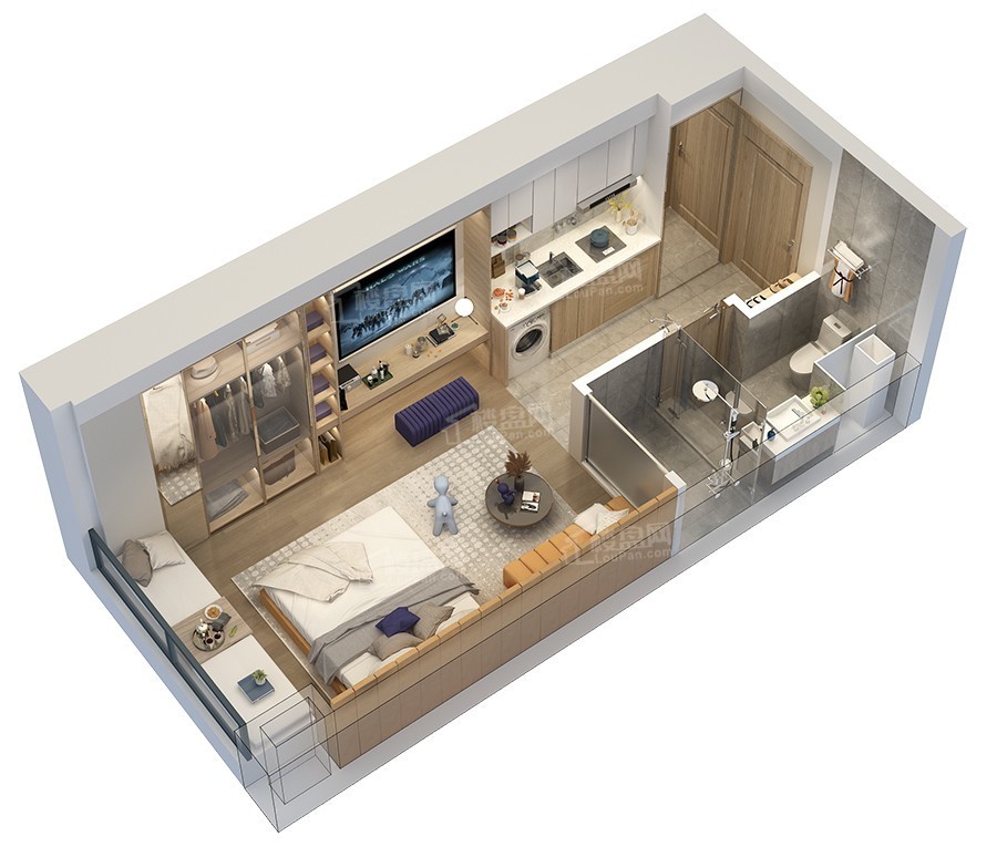 江畔都会上城在售酒店式公寓,房源位于20号楼,户型建面约35㎡,首付30