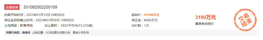 3190万！临海市教育事业发展有限公司成功竞得大洋街道1教育用地